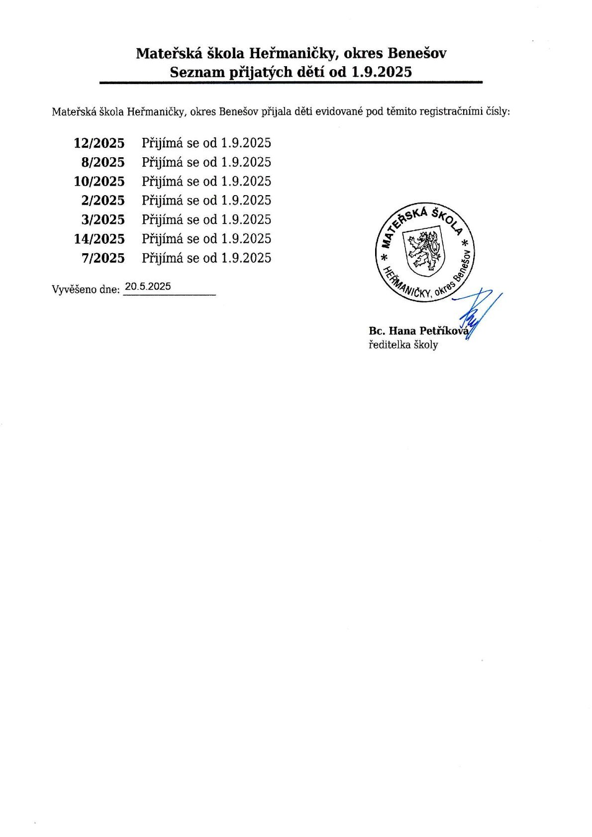 Seznam přijatých dětí 2025/2026